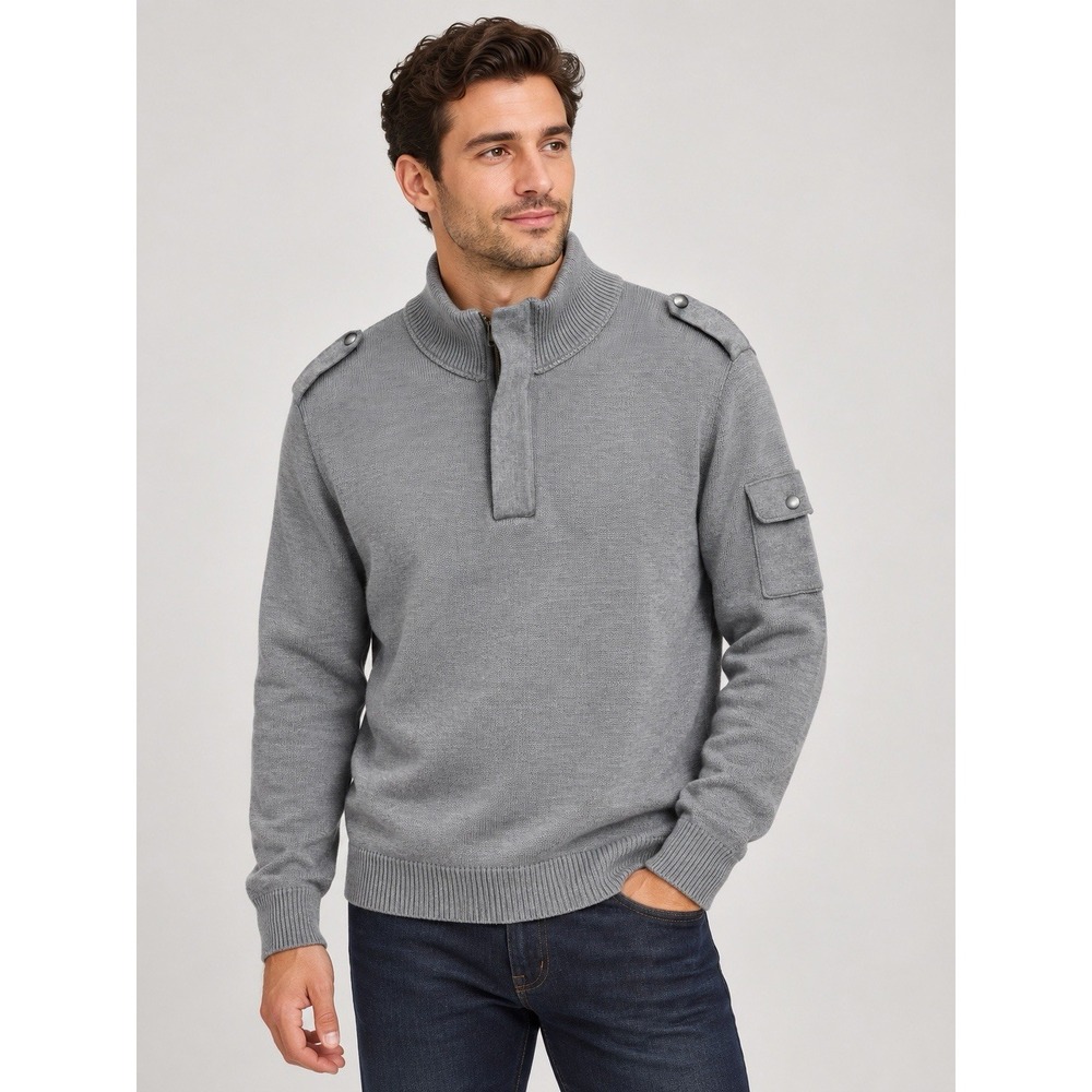 Banana Republic Mens L Gray Wool Blend Military Quarter Zip Sweater Epaulets #56